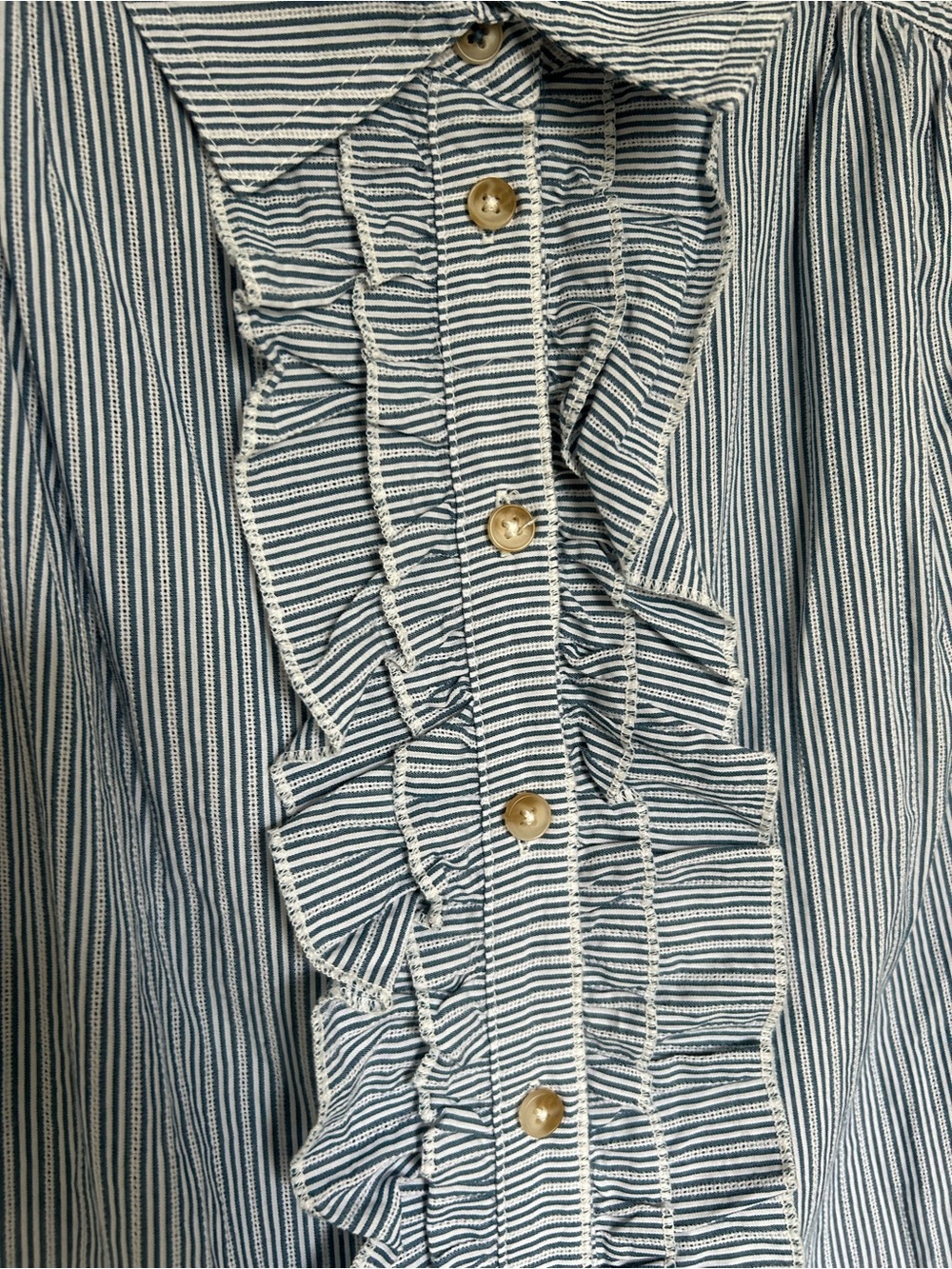 Anthropologie Pilcro Blue Striped Ruffle-Trim Button Front Shirt Top Blouse - Picture 4 of 12